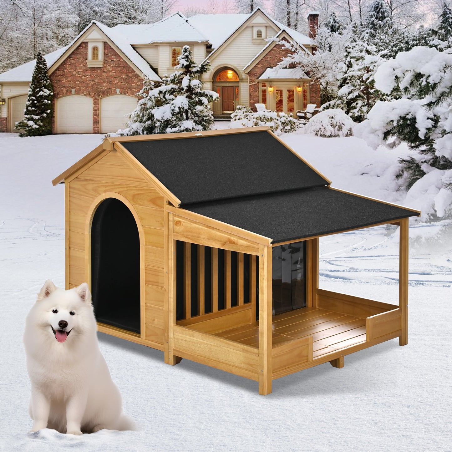 ModernLuxe 60.2inch Large Outdoor Dog House with Insulated Liner for Winter Waterproof Dog Kennel for Medium Large Dogs Dog House with Porch and Asphalt Roof and Elevated Floor Nature