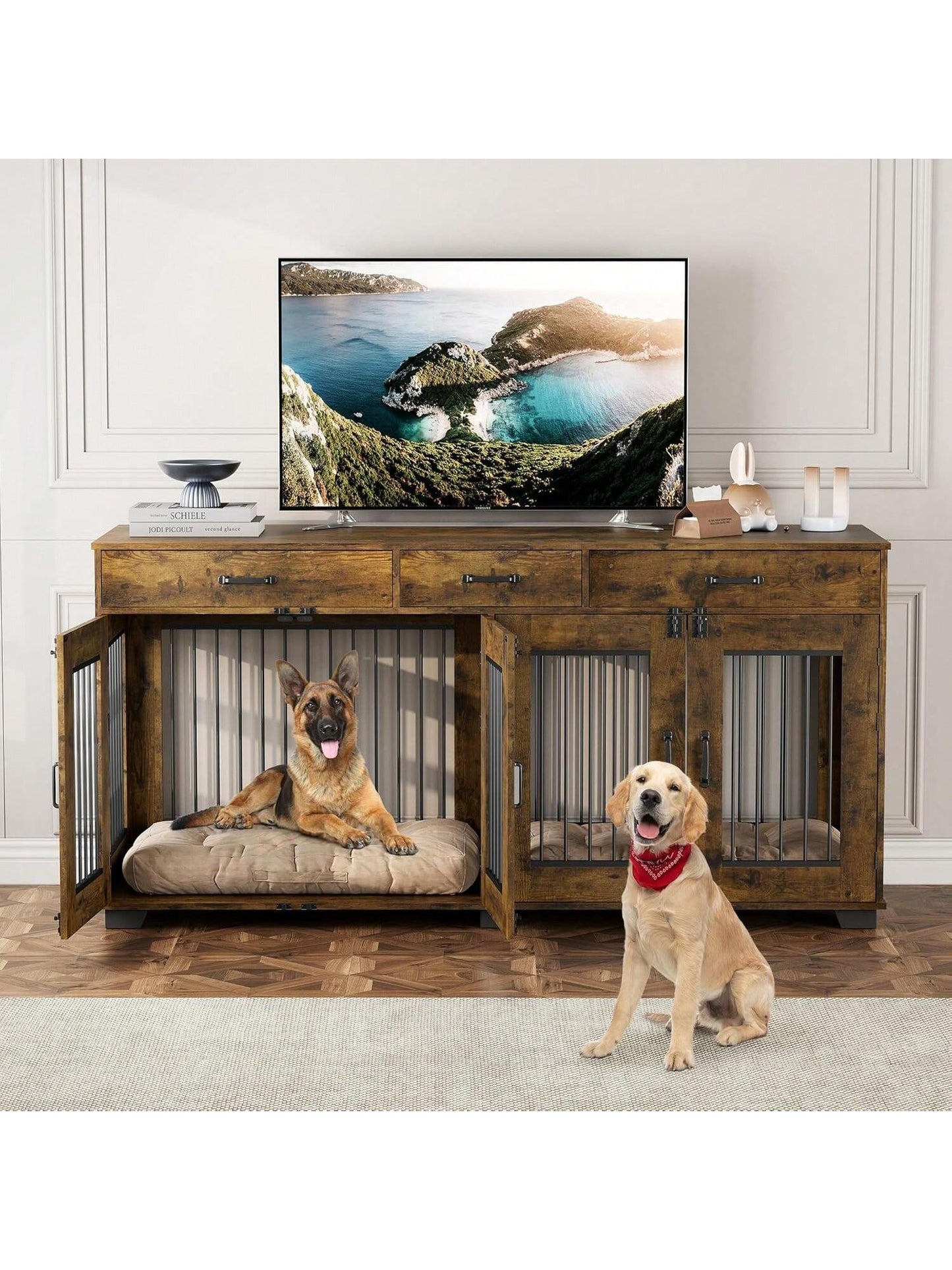 Qeetex 71-Inch Large Dog Crate With 3 Drawers For 2 Dogs Spacious Wooden Indoor Kennel With Divider Large Breed Dog Crate And TV Stand Perfect For Medium Large Dogs