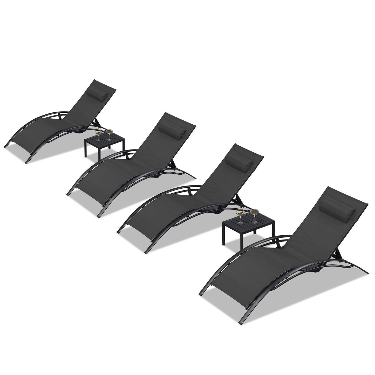 PURPLE LEAF Streamlined Stackable Adjustable Chaise lounge With Table Set of 4 Stackable Oversize Aluminum Frame Stationary Chaise Lounge Chair with Black Cushioned Seat