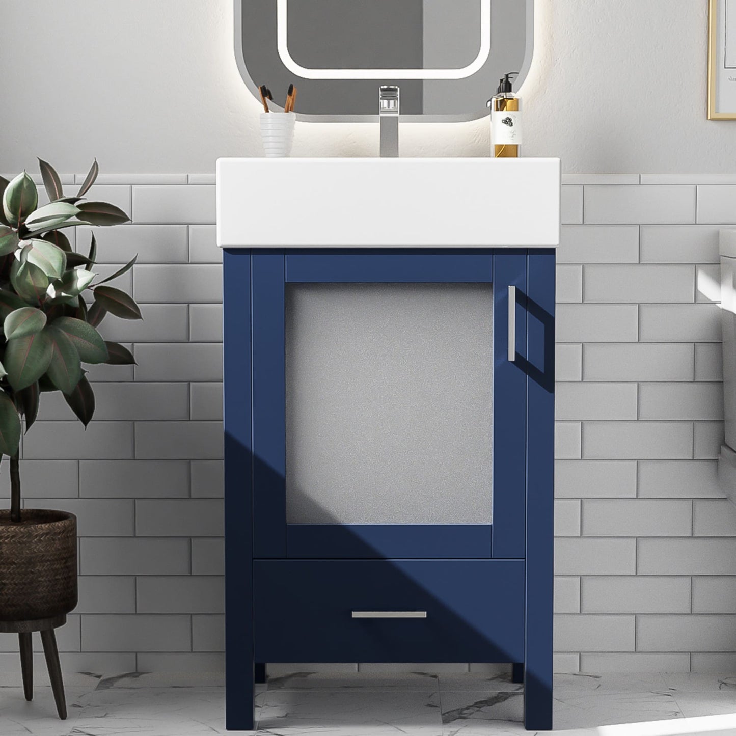 Dexmalle 20-in Blue Undermount Single Sink Bathroom Vanity With White Ceramic Top and Glass Door