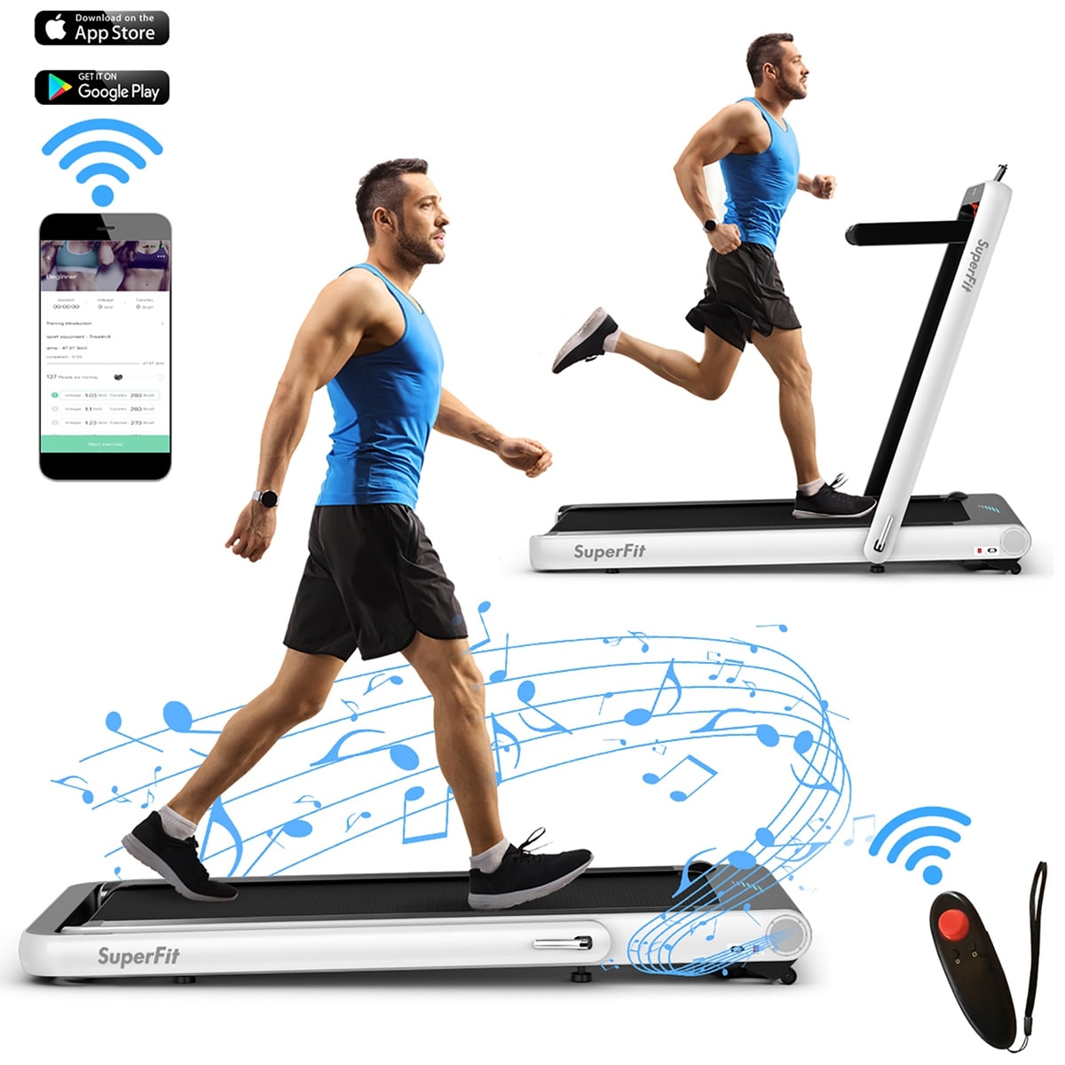 Costway SuperFit 4.75HP 2 In 1 Folding Treadmill W/Remote APP Control White