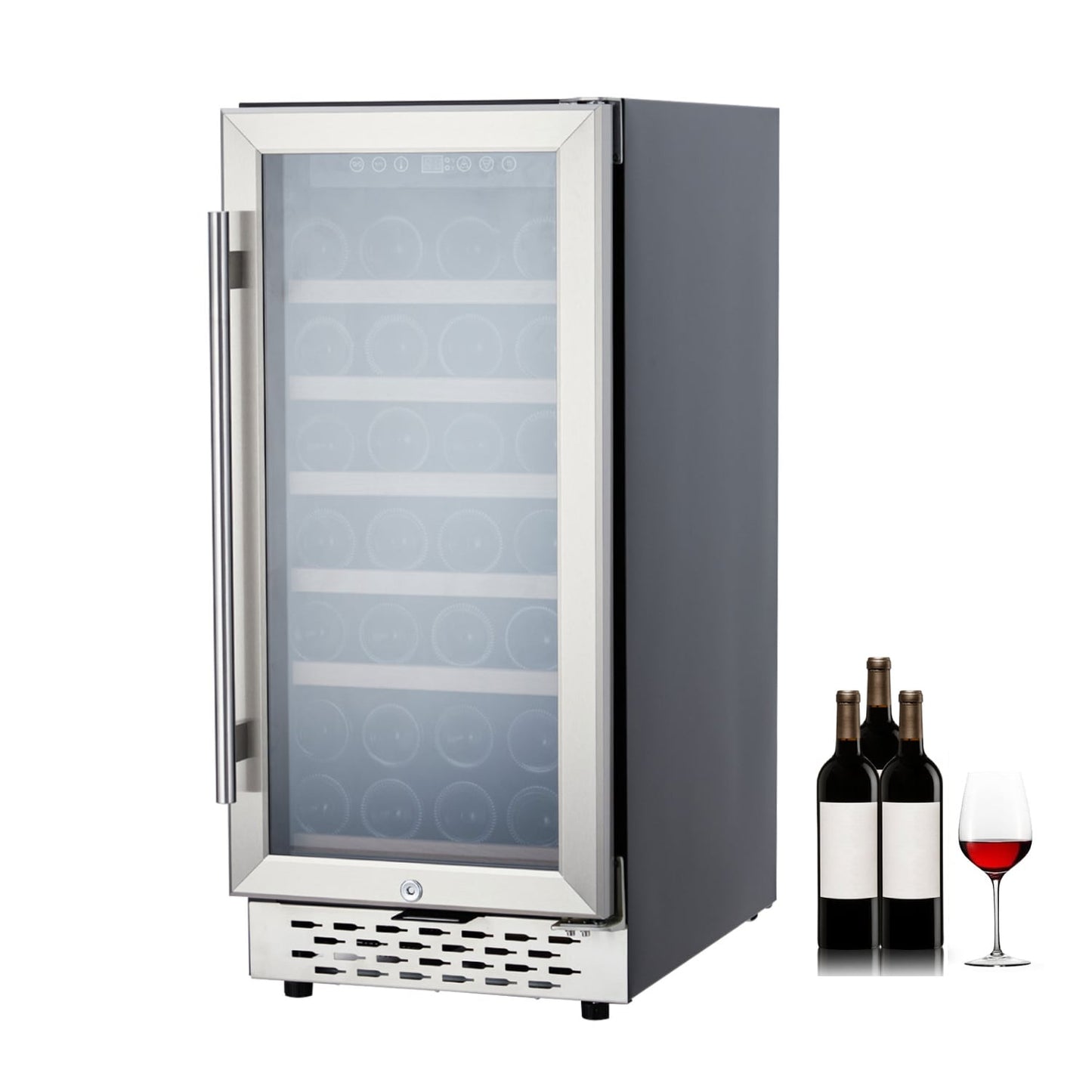 Der Rose 28 Bottle Small Wine Fridge with Glass Door and Safety Lock for Home Gray