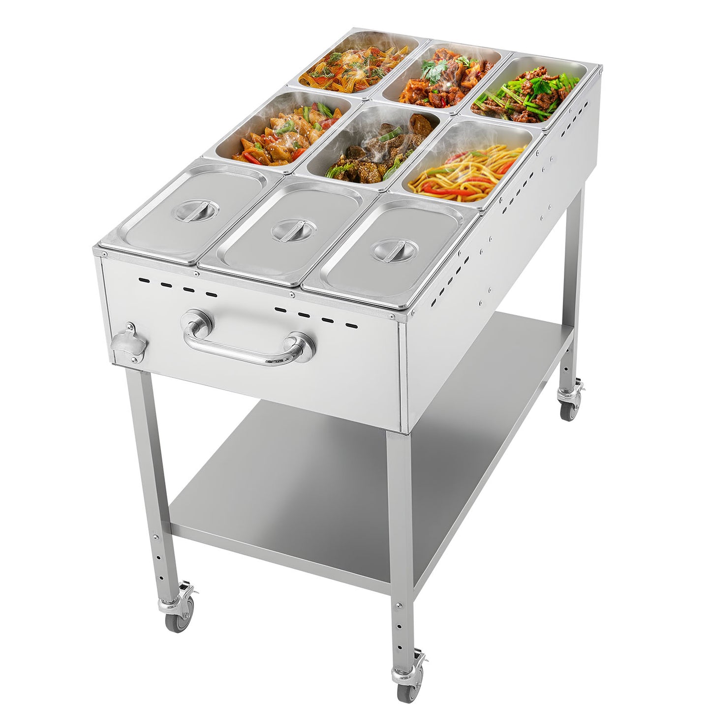VEVOR 9-Pan Commercial Propane Steam Table LP Gas Outdoor Soup Warmer with Drain Valve and 3in Wheels Stainless Steel Propane Food Warmer with Adjustable Temperature for Restaurant Outdoor Camping