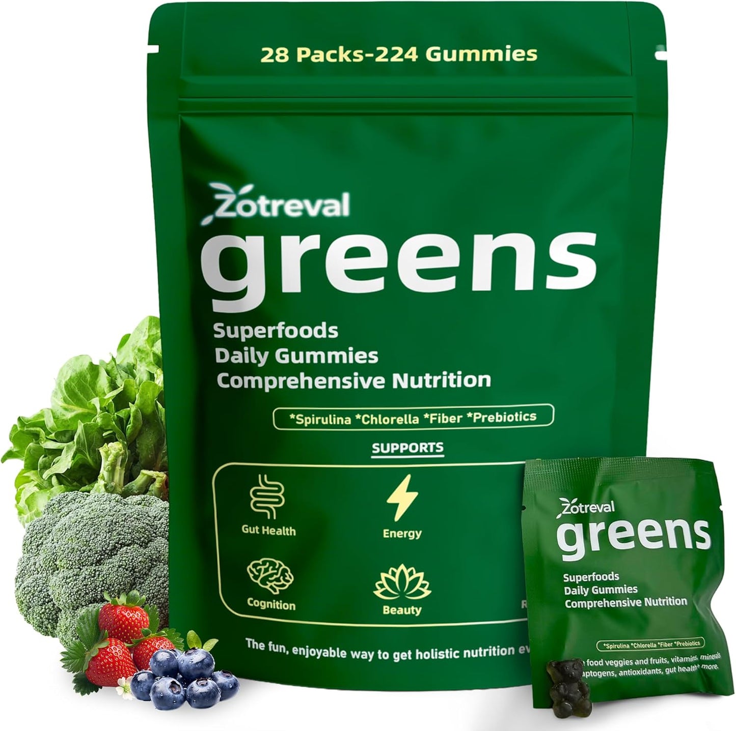 Daily Greens, Superfood Green Gummies Packets - Digestive & Gut Health, Chlorella and Spirulina Supplement with 20+ Organic Prebiotics Fiber Vitamins & Minerals - 224 Low Sugar Gummy