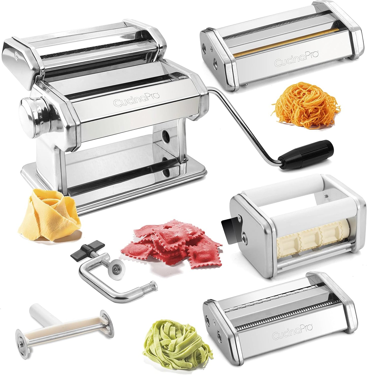 Pasta Maker Deluxe Set 5 pc Premium Stainless Steel Machine w Spaghetti Fettuccini Roller Angel Hair Ravioli Noodle Lasagnette Cutter Attachments- Durable Construction, Homemade Italian Dinner Party