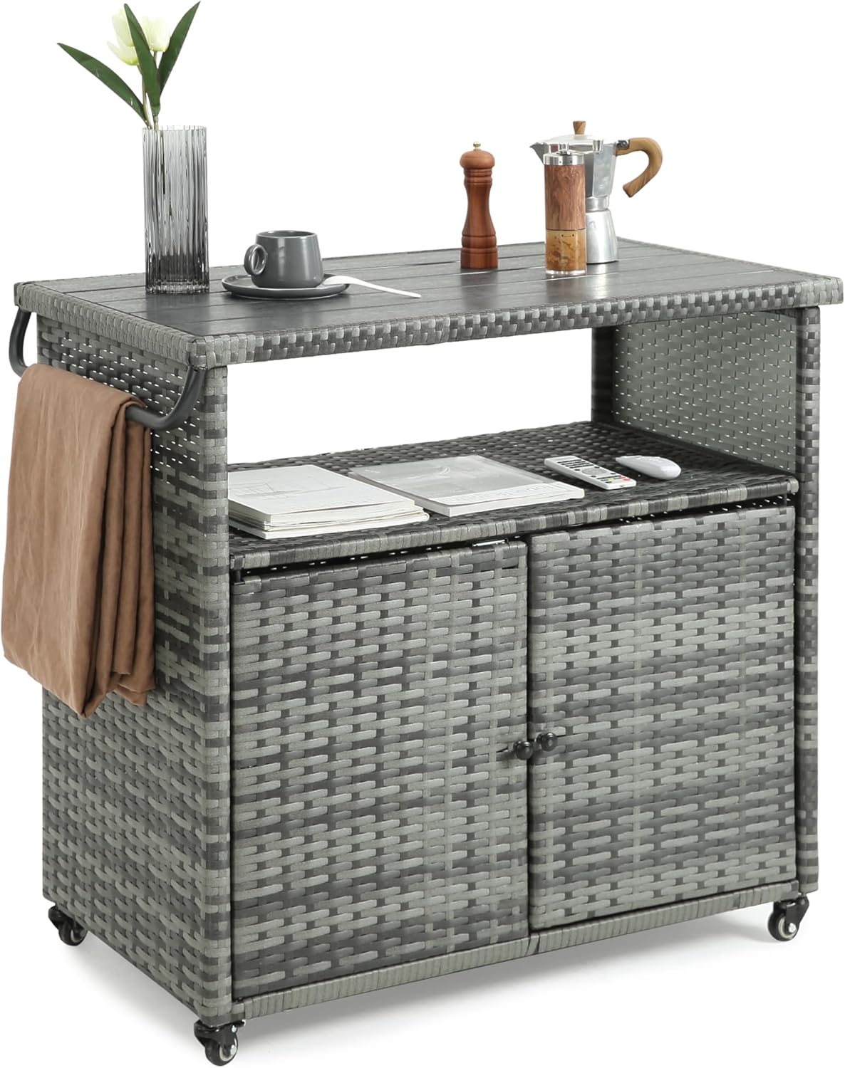 Villeston Wicker Outdoor Bar Cart - Gray Gradient Patio Console Storage Table Buffet Cabinet Serving Kitchen Cart with Wheels for Outside Backyard