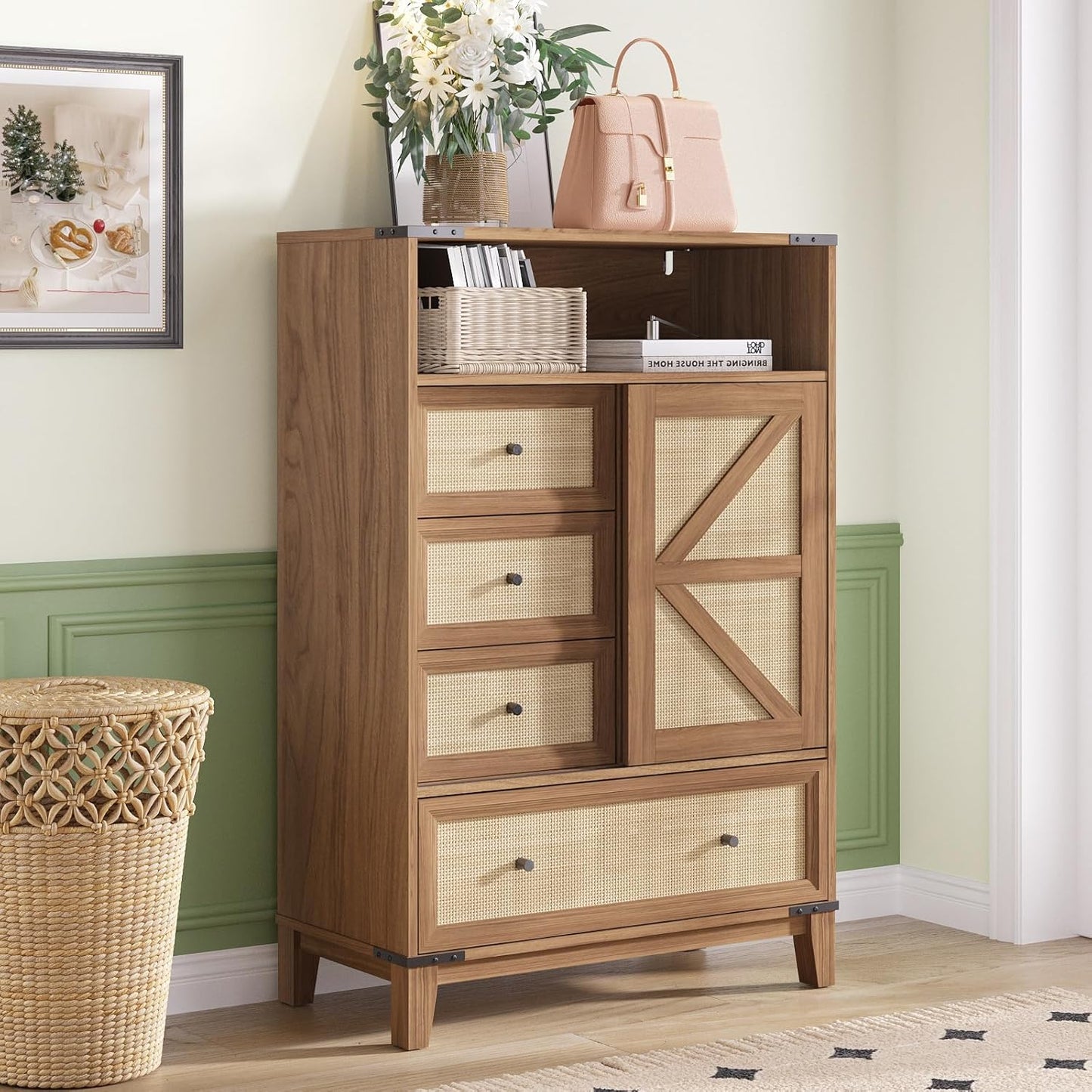 Maupvit Rattan Storage Cabinet with 4 Drawers and Sliding Door, Freestanding Buffet Cabinet with Open Storage,Floor Farmhouse Organizer Sideboard for Living Room, Bathroom, Entryway, Kitchen