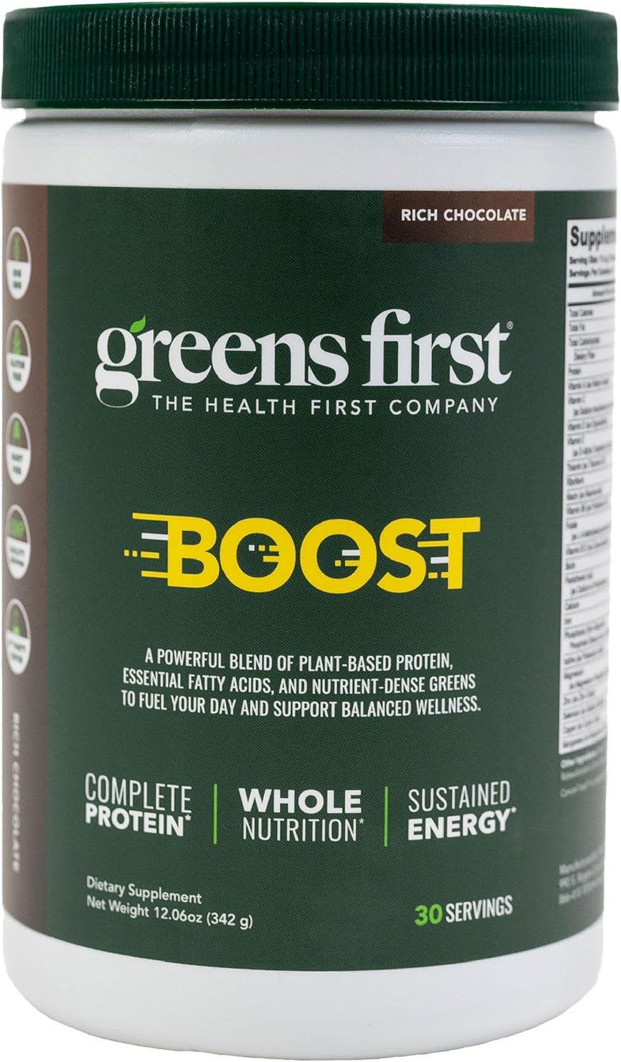 Greens First Boost - Plant-Based Protein & Balanced Nutrition - Superfood Shake Mix - No Wheat or Soy - Dairy-Free - Vegan - Dutch Chocolate, 12.28 oz.