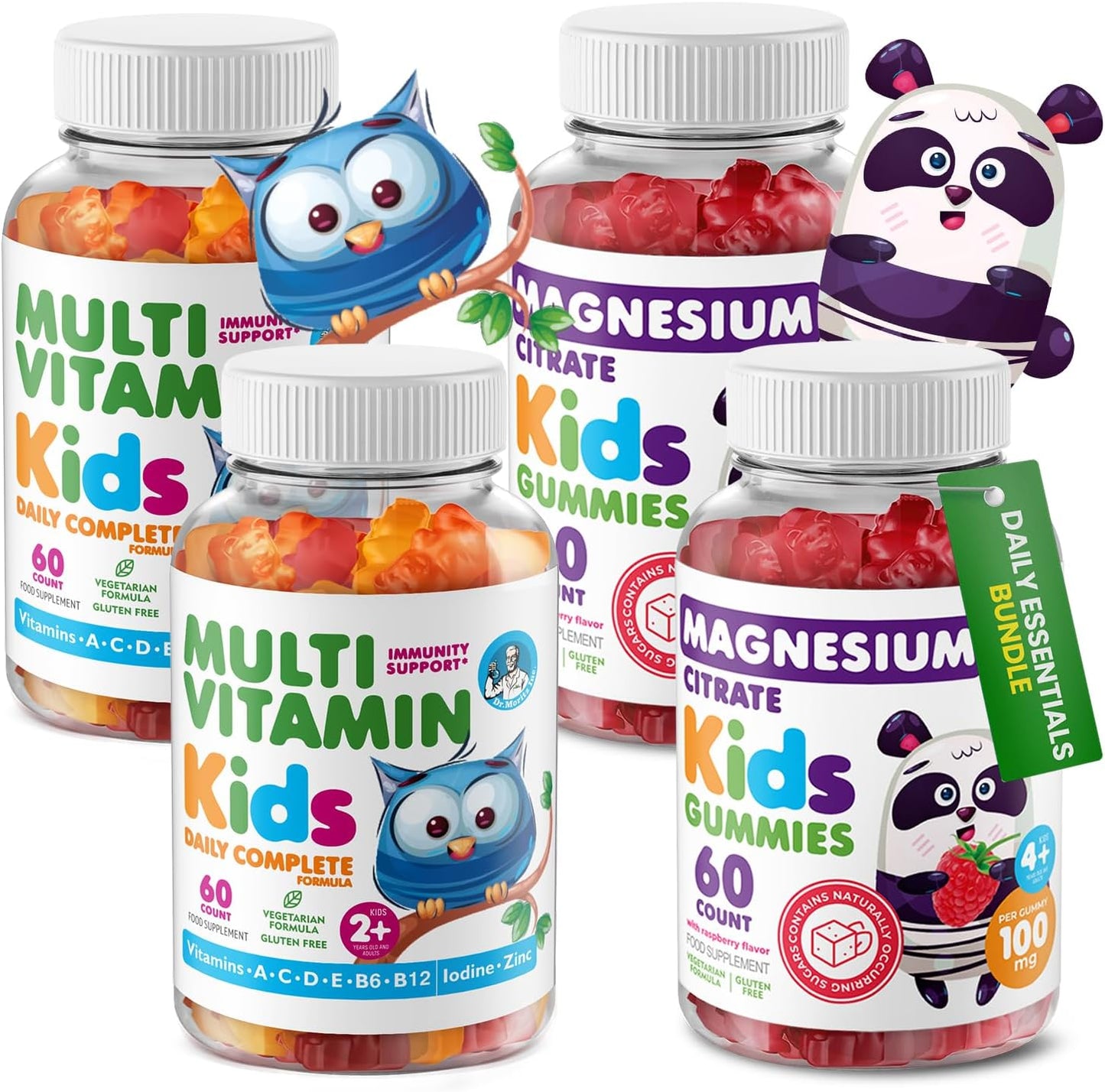 DR. MORITZ Kids Magnesium Gummies (60 Count, 2 Pack) and Kids Multivitamin Gummies (60 Count, 2 Pack) Bundle - for Relaxation and Health Support - Toddler Vitamins - Magnesium Calm Supplement