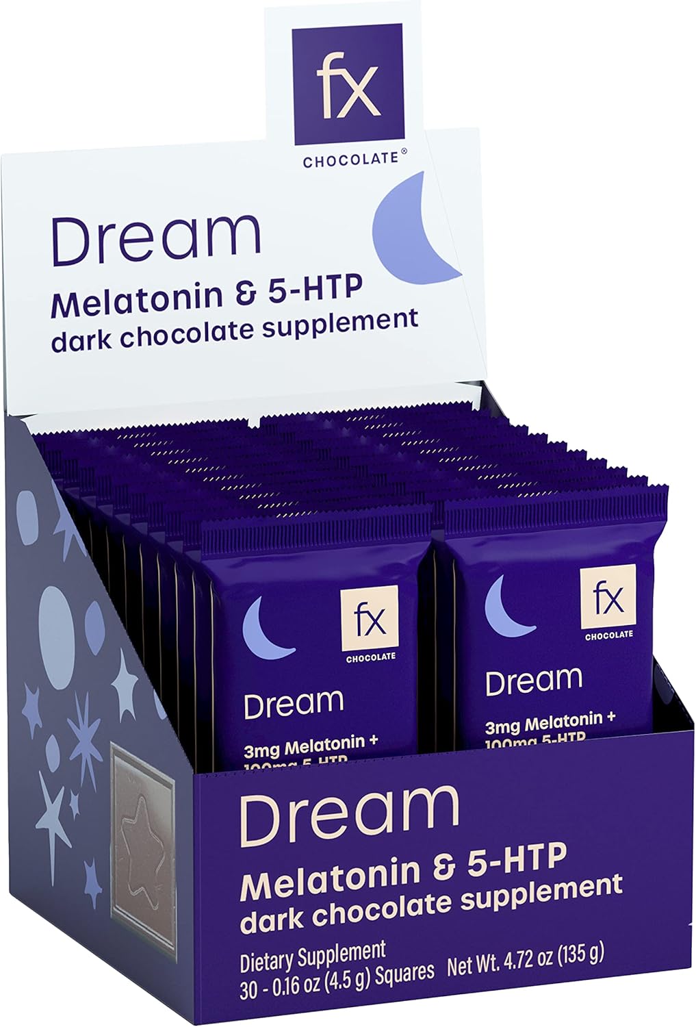 Fx Chocolate Dream - Chocolate Supplement to Support Stress Response, Relaxation + Calm - Dark Cacao with Melatonin + 5-HTP - Keto Dark Chocolate - Sugar-Free, Vegan + Non-GMO (30 Pieces)