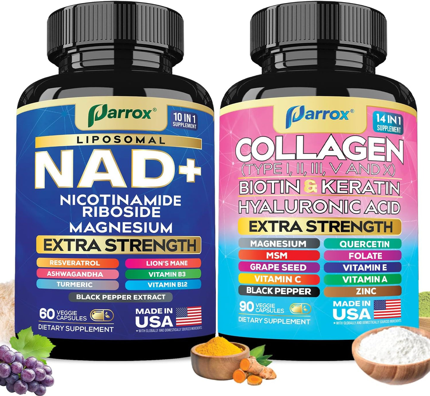 Forever Young Set with Liposomal NAD, Nicotinamide Riboside, Magnesium, Resveratrol, Lion's Mane, Collagen Peptides Types I, II, III, V and X, Biotin & Keratin, Hyaluronic Acid, Zinc, Quercetin
