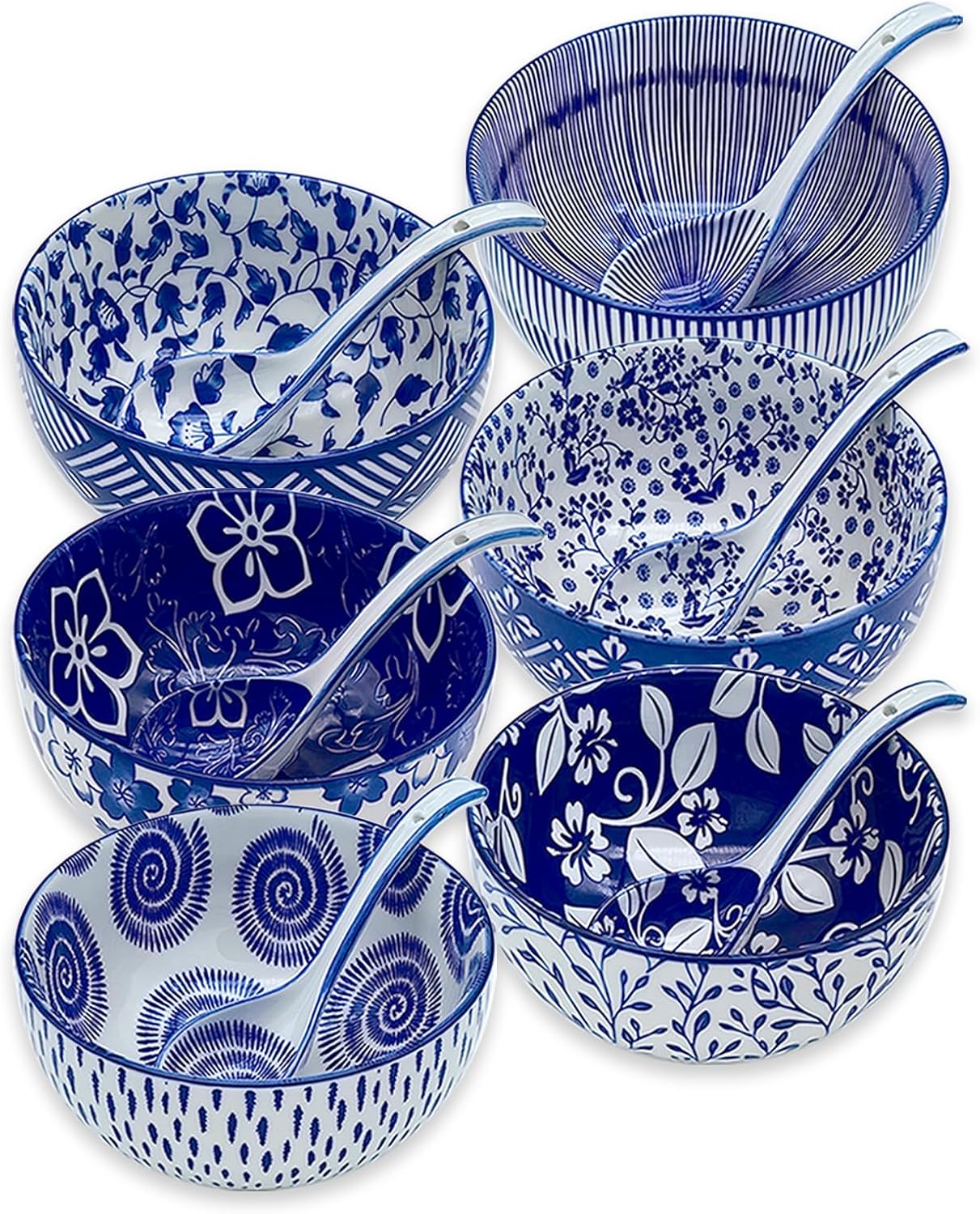 KeQiu Japanese Ceramic Bowls Set of 6, 28 Oz Large Asian Porcalain Ramen Soup Salad Cereal Noodle Bowls with 6 Spoons, Deep Bowls for Kitchen Decor and Housewarming Gift, Dishwasher & Microwave Safe