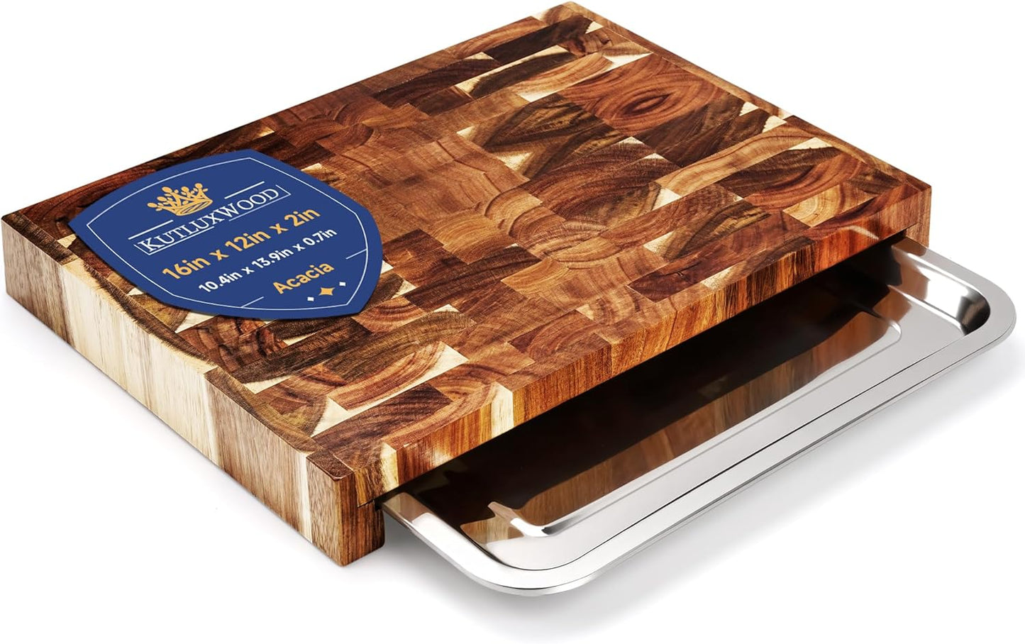 End Grain Cutting Board with Pull Out Tray - Wooden Butcher Block for Kitchen - Acacia wood cutting board - Ideal for Chopping, Slicing, and Dicing