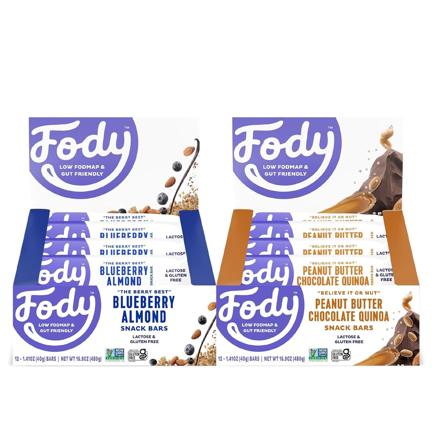 Fody Foods Snack Bars Variety Pack, 1.41 Oz (Pack of 24), Blueberry Almond & Peanut Butter Chocolate, Protein Bars, Low FODMAP, Gut & IBS Friendly, Vegan, Lactose Free, Non-GMO, Gluten Free