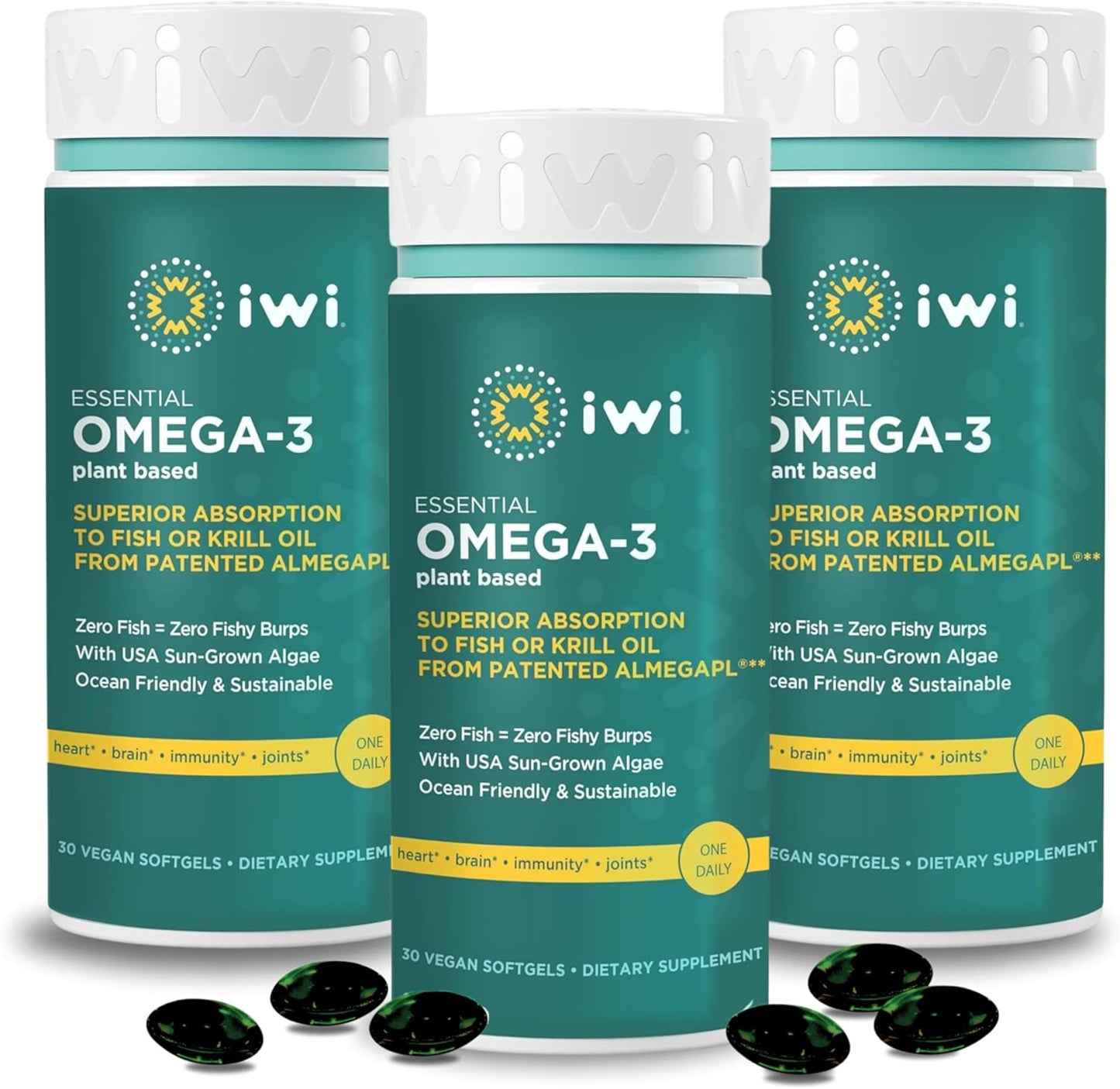 Iwi Omega-3 Essential, 90 Softgels (90 Servings), Plant-Based Algae Omega 3 with EPA + DHA, Brain, Heart & Immune Support Dietary Supplement, Krill & Fish Oil Alternative, No Fishy Aftertaste