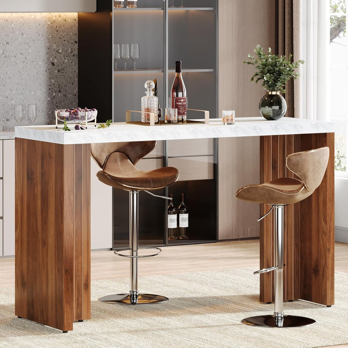 Tribesigns Home Bar Unit, 55.12-Inch Bar Table with a Faux Marble Finished Tabletop, Modern Freestanding Mini Bar for Home Kitchen, Living Room, Balcony, Basement, Walnut & White