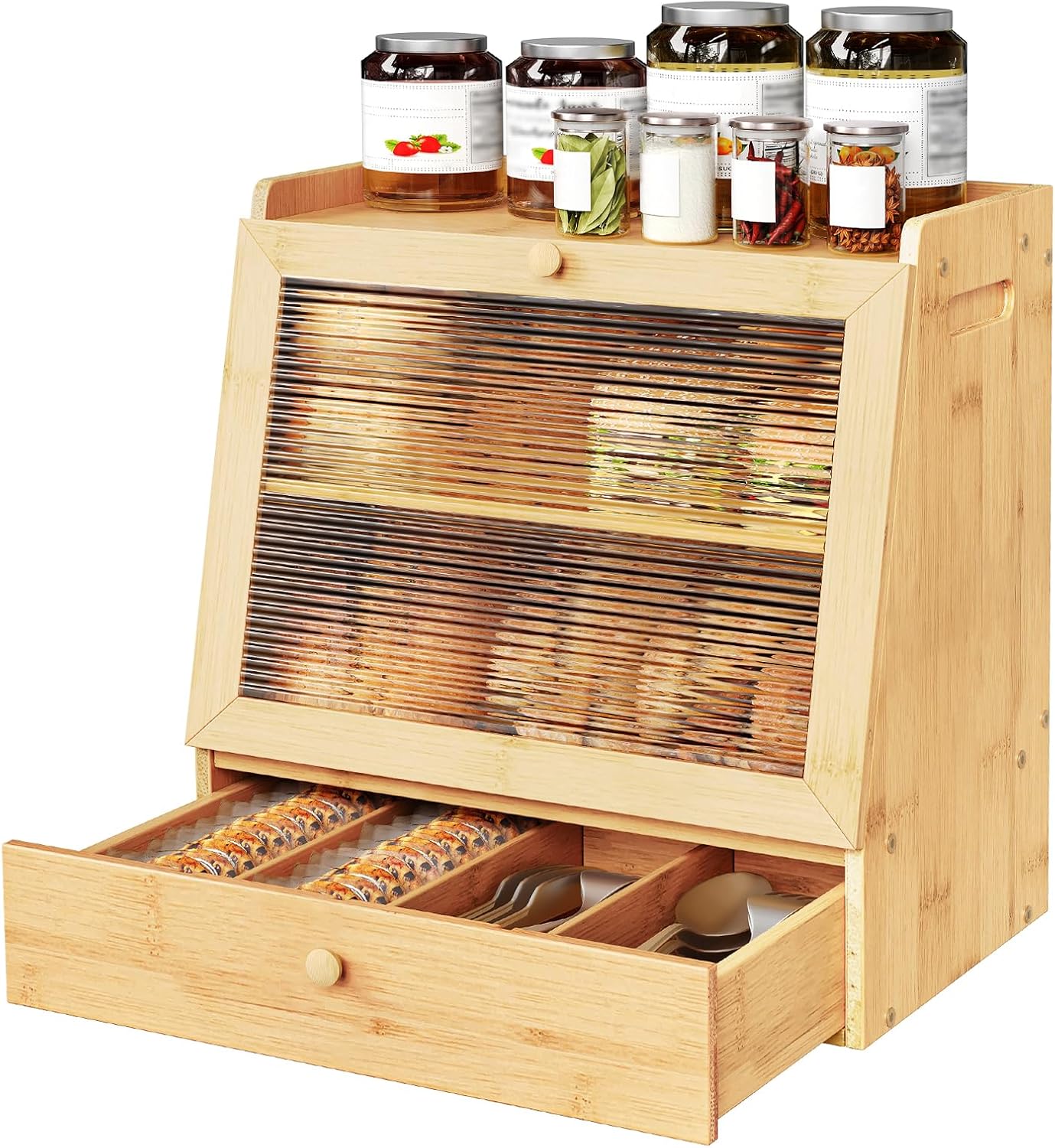 HOOBRO Bread Box, Bamboo Bread Box Storage Container with Drawer, 2-Tier Kitchen Countertop Food Storage Box with Acrylic Door, for Food, Natural YL21MB01
