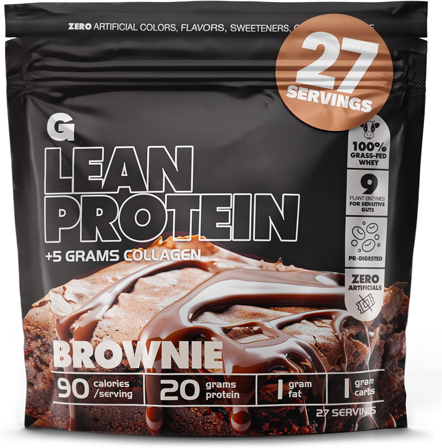 Gains in Bulk Lean Protein Powder with Collagen Peptides, Gluten Free Grass Fed Whey, 20 G Protein & 5 G Collagen, Plant Enzymes to Support Digestion, Natural Ingredients, Brownie Flavor, 27 Servings