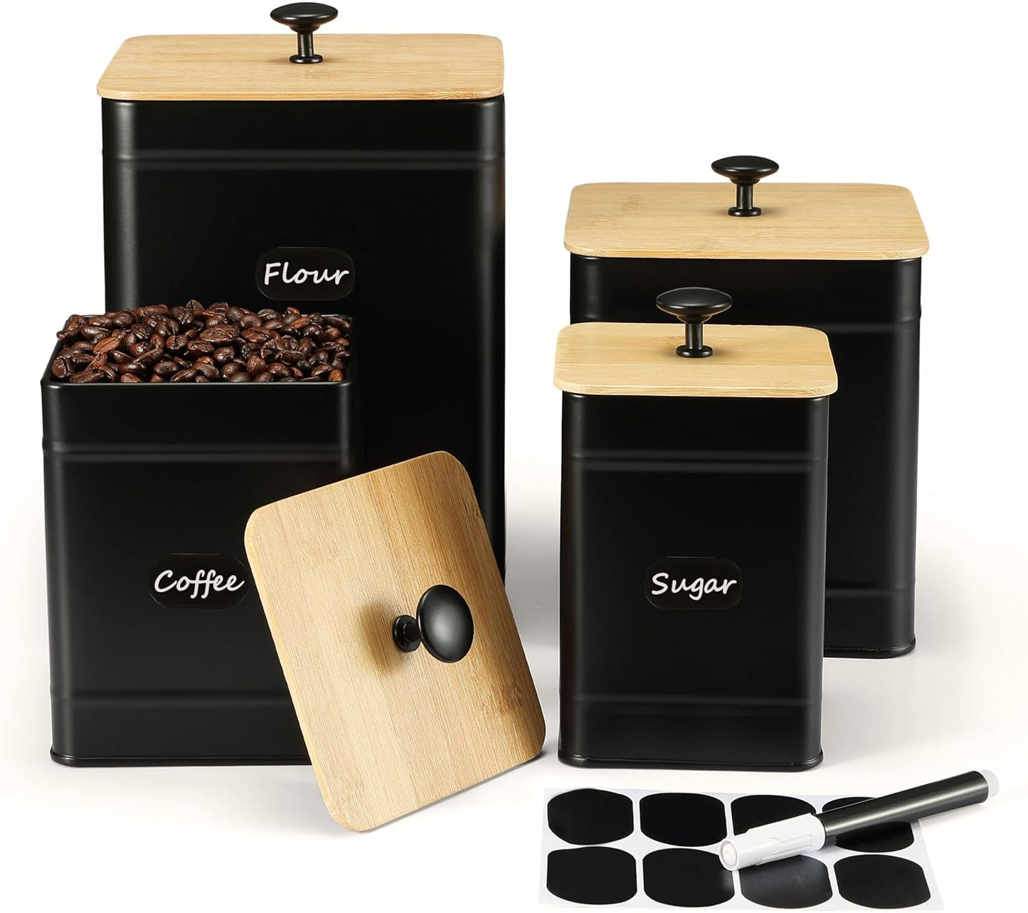 PERFNIQUE Kitchen Canisters, Airtight Canister Sets for Kitchen Counter, Kitchen Canisters for Countertop Set of 4, Coffee Tea Sugar Flour Spice Tin Jars Food Storage Container with Lid(Black)