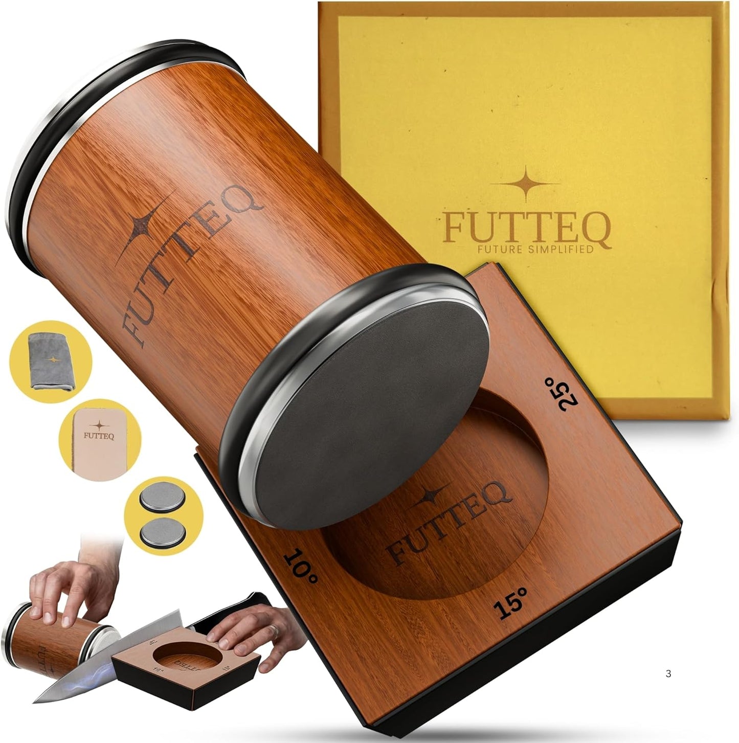 Rolling Knife Sharpener - Best Kitchen Knife Sharpening Tumbler Kit with Leather Strop and Diamond Disks, Complete Set of Manual Knife Sharpener