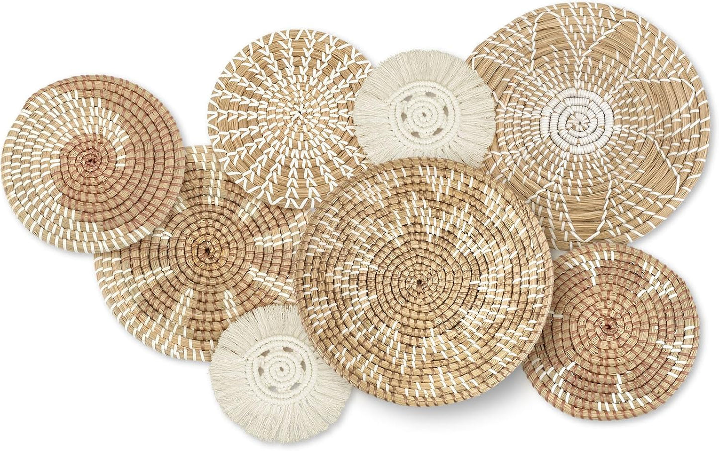 Xuhal Set of 8 Hanging Woven Wall Basket Handmade Decorative Rustic Boho Basket Decor Handcrafted Wicker Round Seagrass Wall Art for Home Kitchen Farmhouse Table Living Room(Classic)