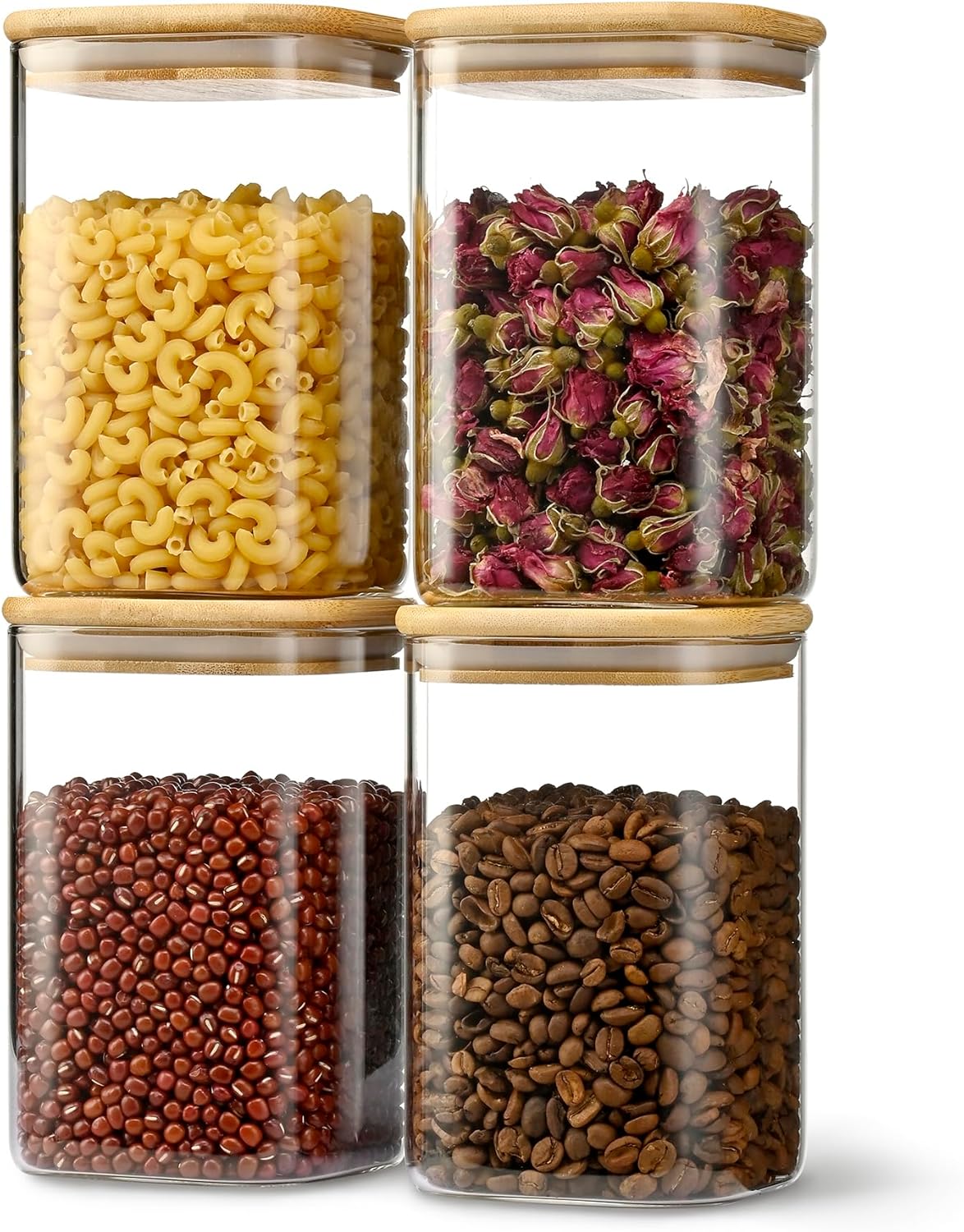 D2scrma 41oz Airtight Glass Square Storage Canister with Bamboo Lid Set of 4 (1200ml) Container Stackable Jar, Kitchen Canister for Pantry Noodles, Flour and Coffee beans (\u200Ewith Black Lable)