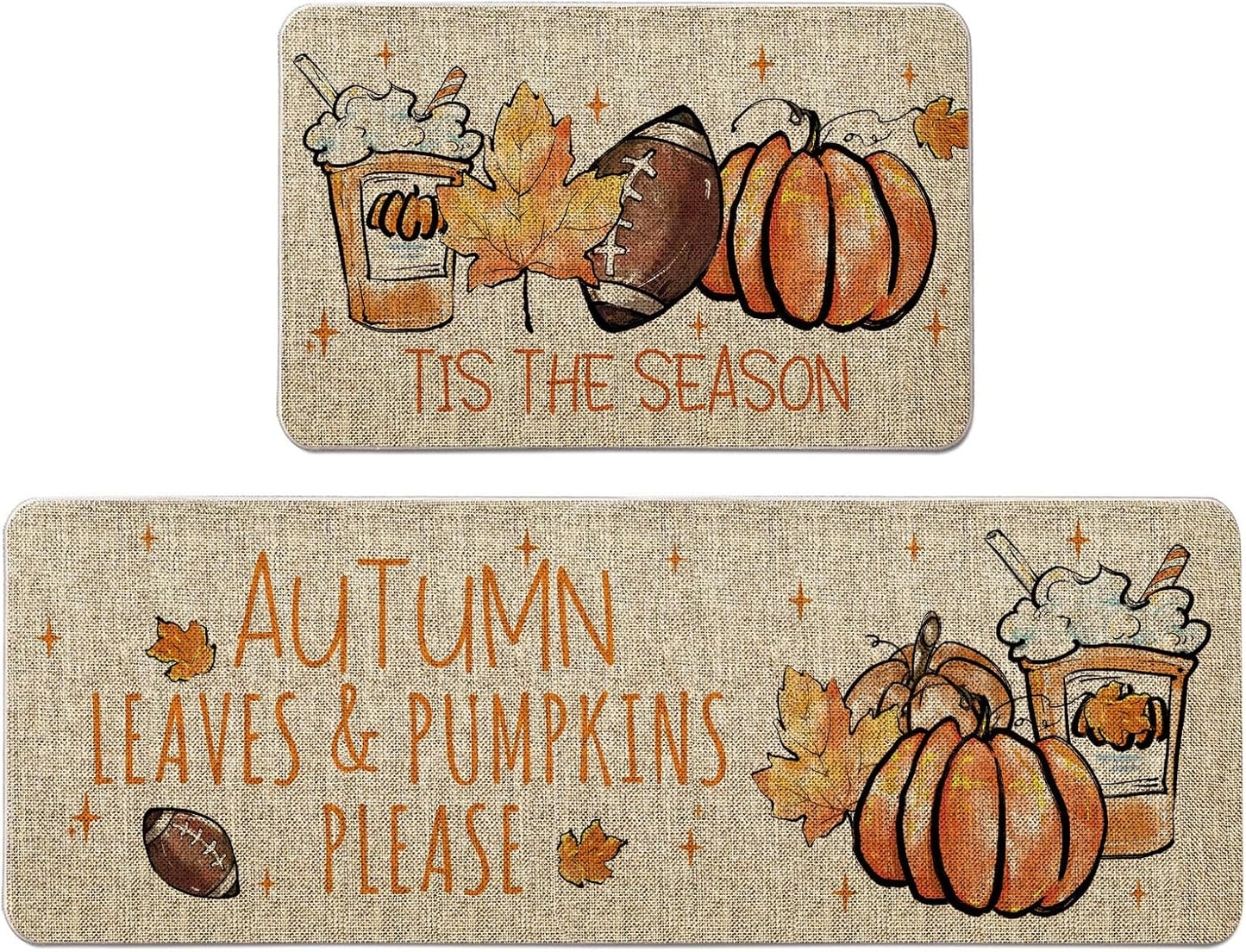 Fall Kitchen Rug Tis The Season Kitchen Mats Set of 2, Autumn Football Pumpkin Farmhouse Party Floor Mat for Home Kitchen Bathroom Decorations - 17x27 and 17x47 Inch