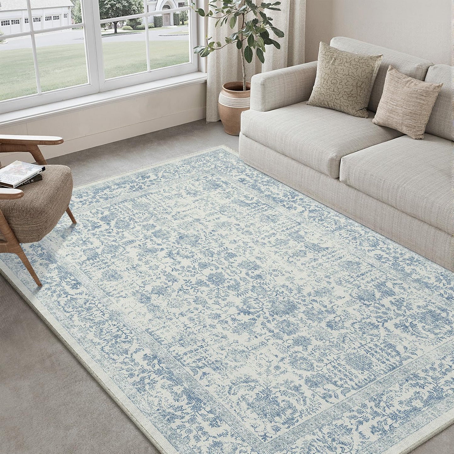 PureCozy Blue Area Rug 5x7 Machine Washable Vintage Living Room Distressed Non Slip Carpet Traditional Indoor Bedroom Retro Floral Accent Throw Large Rug Office Kitchen Bathroom Dining Room