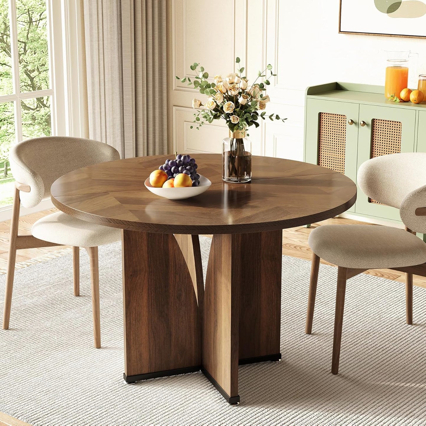 LITTLE TREE 39-Inch Round Dining Table for 4, Rustic Kitchen Table with X-Shaped Stable Pedestal, Farmhouse Dinner Table for Dining Room, Living Room, Dark Brown