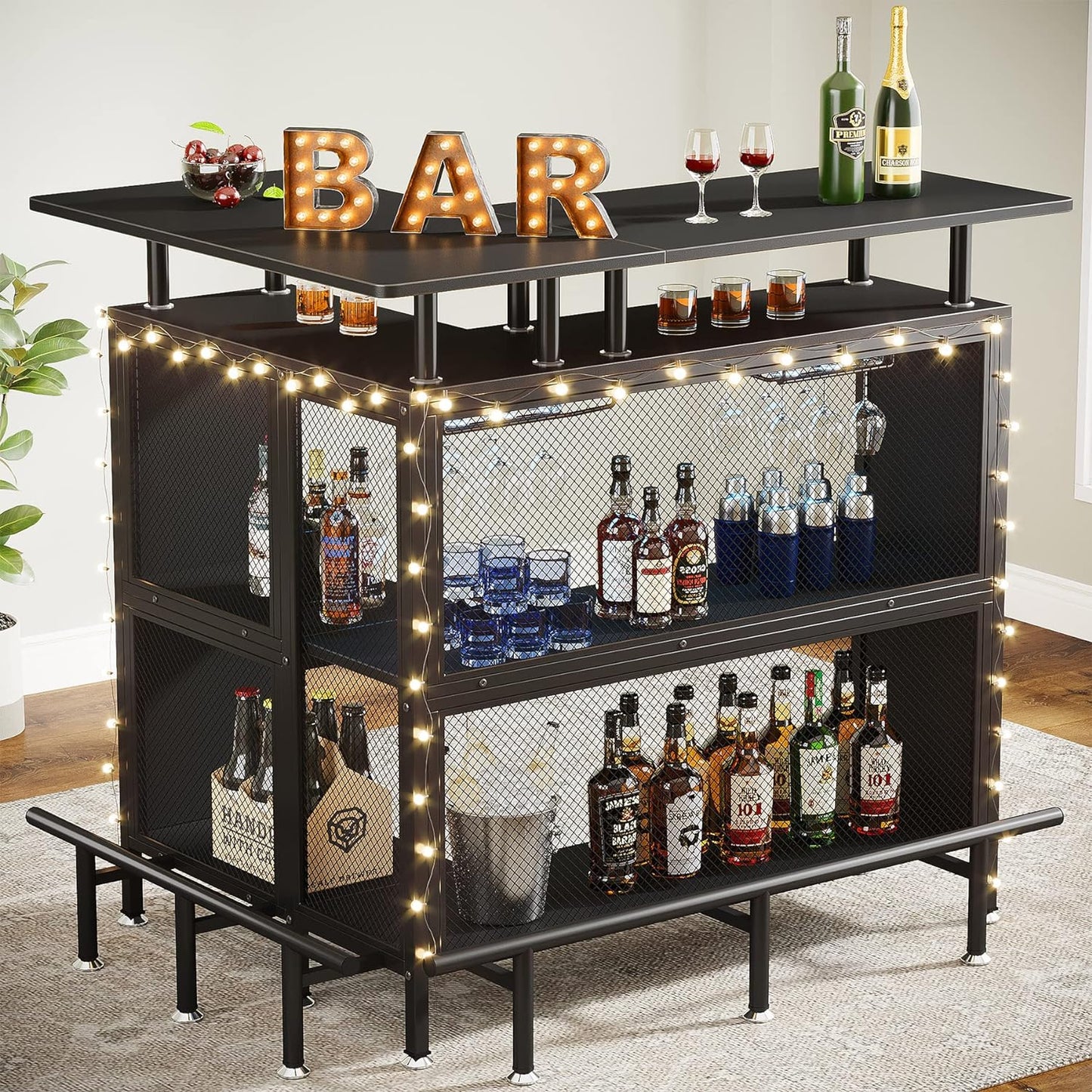 Tribesigns Home Bar Unit, L-Shaped Bar Table with Stemware Racks and 2-Tier Shelves, Corner Mini Coffee Liquor Cabinet with Footrest for Home\/Kitchen\/Pub, Black