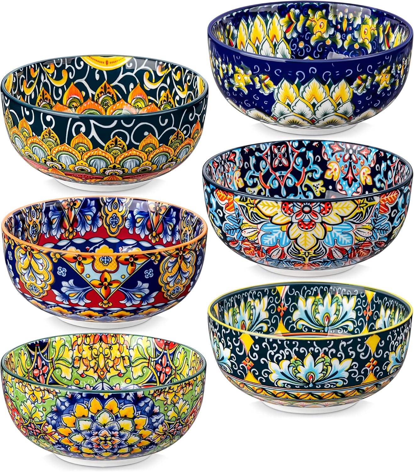 vancasso Cereal Bowls Set of 6, Bohemian Ceramic Soup Bowls, 28 oz Colorful Bowls Set for Kitchen, Dishwasher & Microwave Safe for Salad, Pasta, Rice, Oatmeal, Fruit