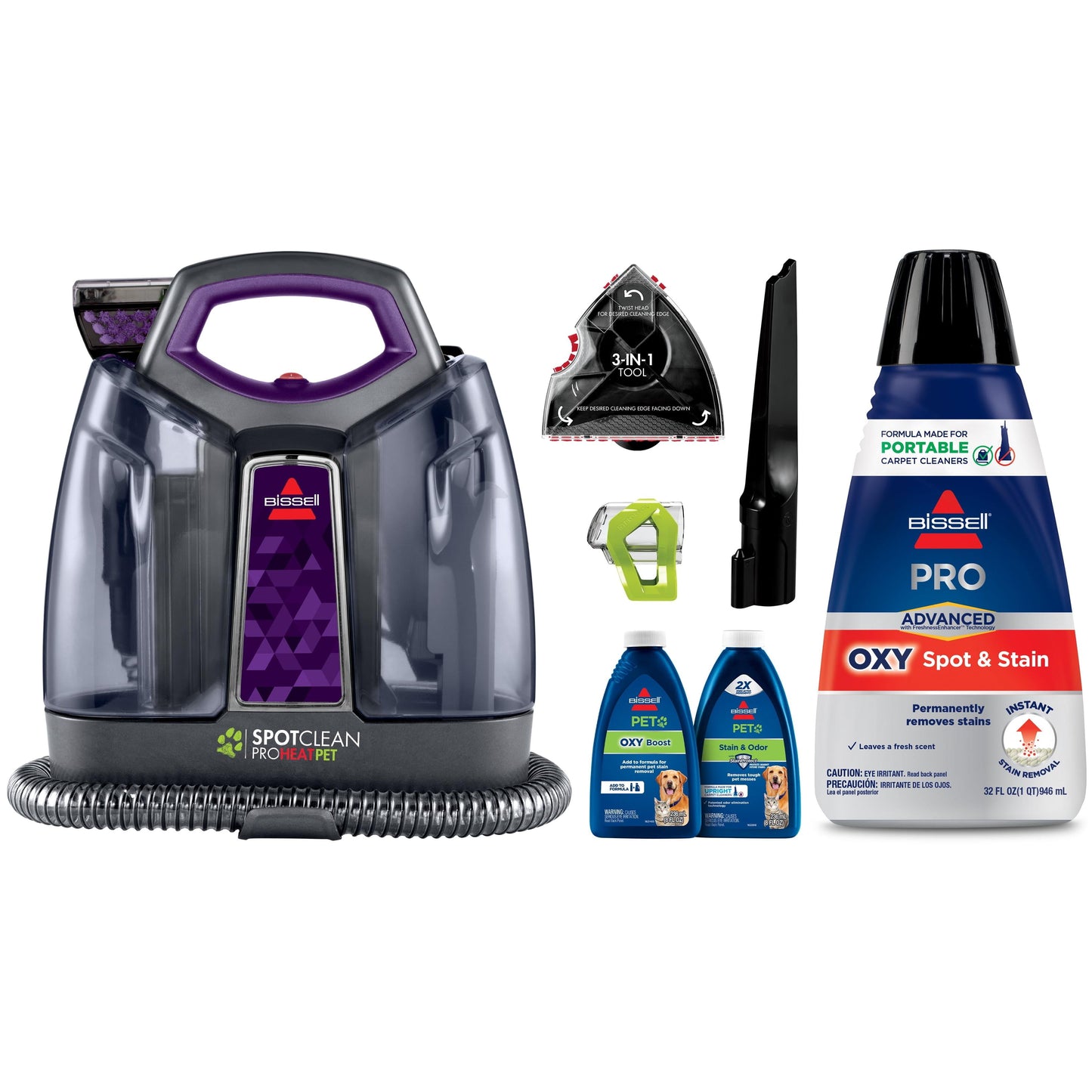 BISSELL SpotClean ProHeat Pet Portable Carpet Cleaner 2513W & BISSELL Advanced Pro Oxy Spot & Stain Formula for Portable Spot Cleaners, 32 oz., 2038W
