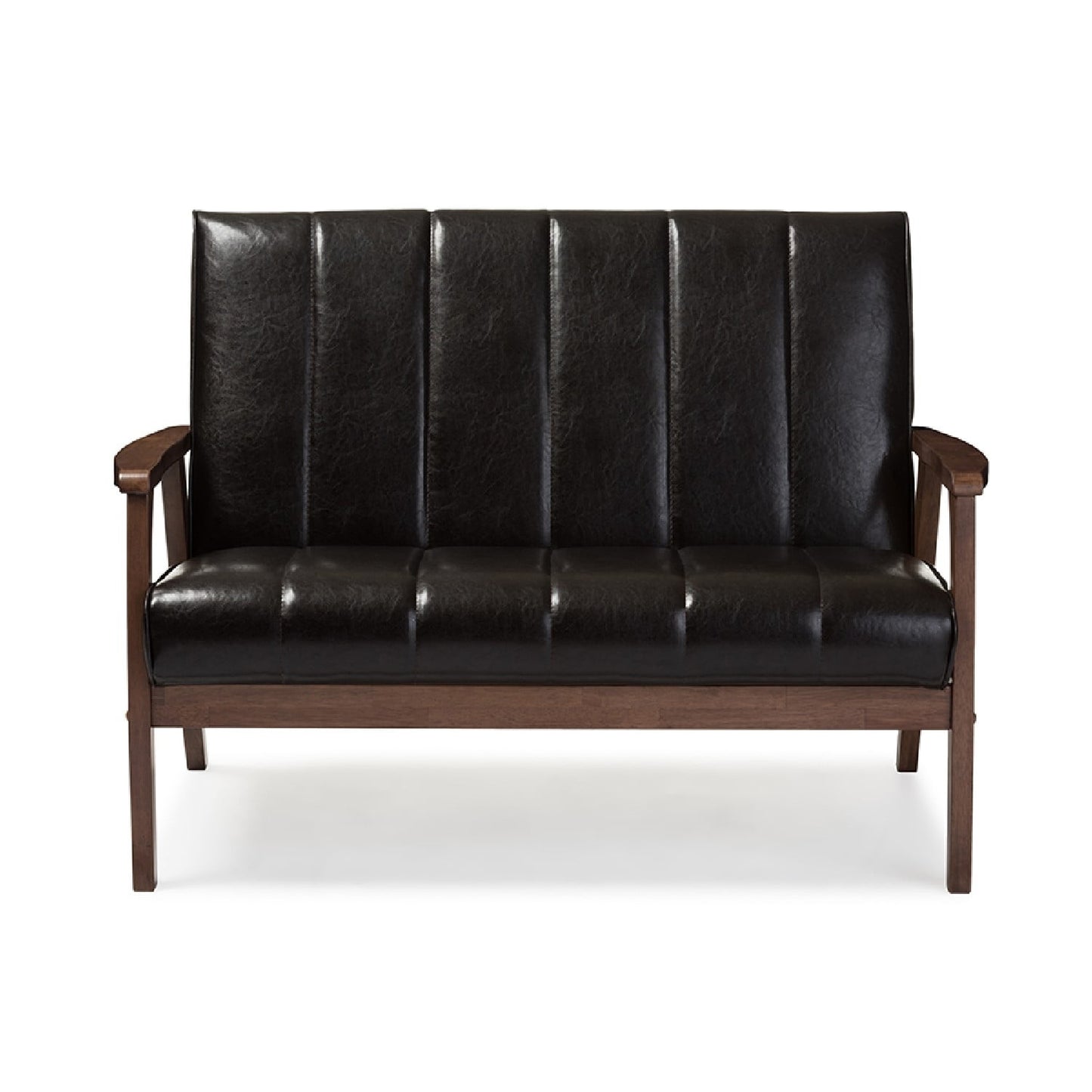 Baxton Studio Nikko Mid-century Modern Scandinavian Style Dark Brown Faux Leather Wooden 2-Seater Loveseat