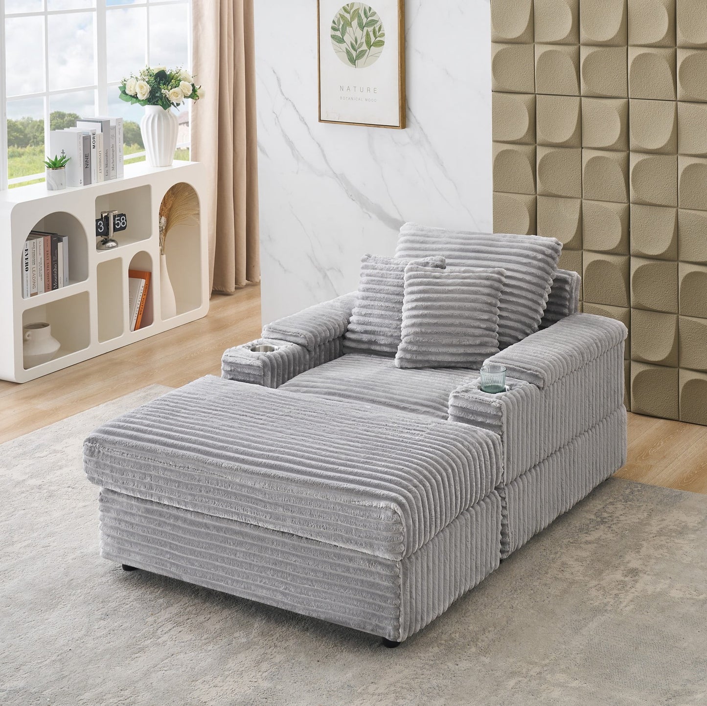 Chaise Lounge Chair,Corduroy Upholstered Sofa Bed with 3 Throw Pillows,Sleeper Reading Chair for Living Room,Bedroom,Gray