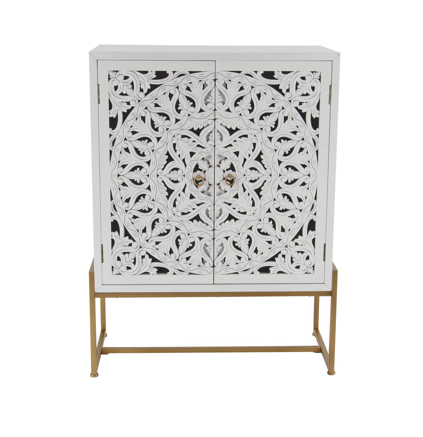 DecMode 30" x 42" White Wood Intricately Carved 1 Shelf and 2 Doors Floral Cabinet, 1-Piece