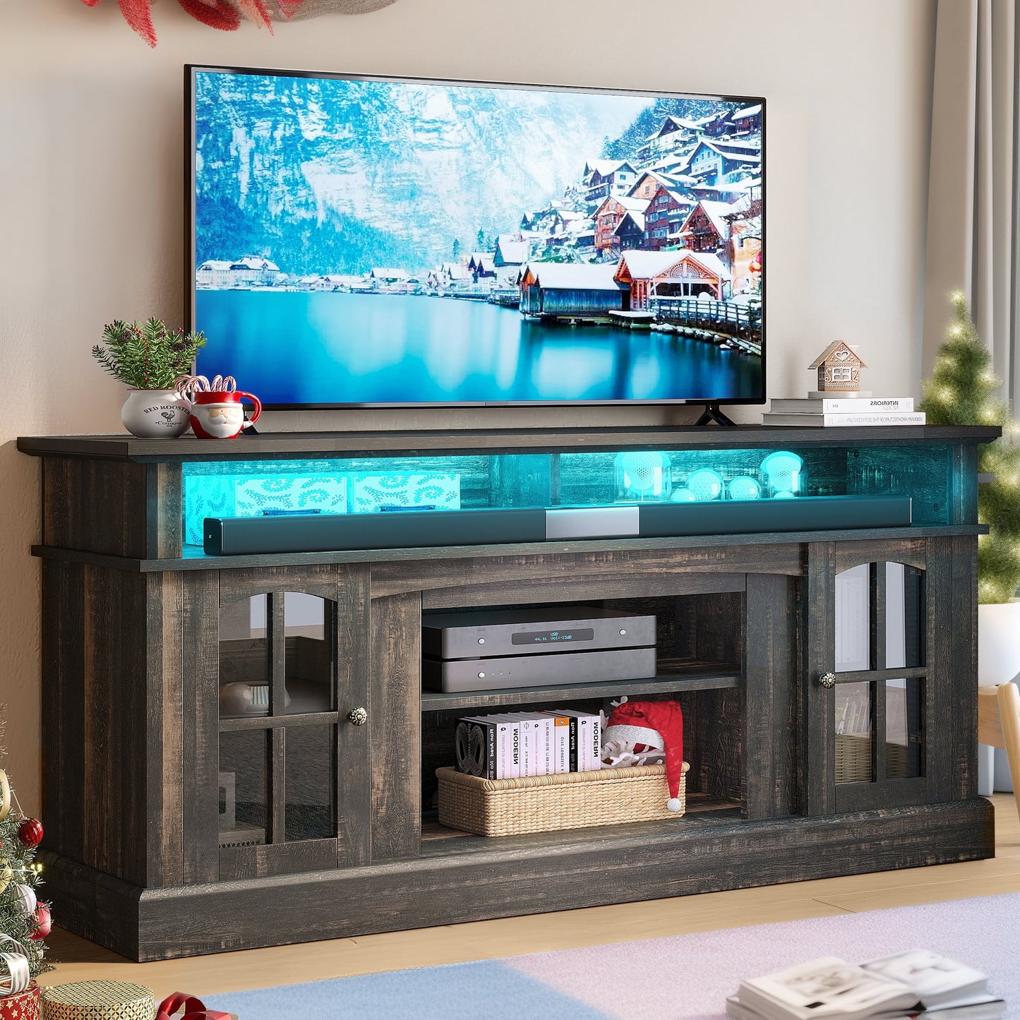 Dextrus Durable Television Stand, Tempered Glass Rustic Oak, 65", 108 lbs