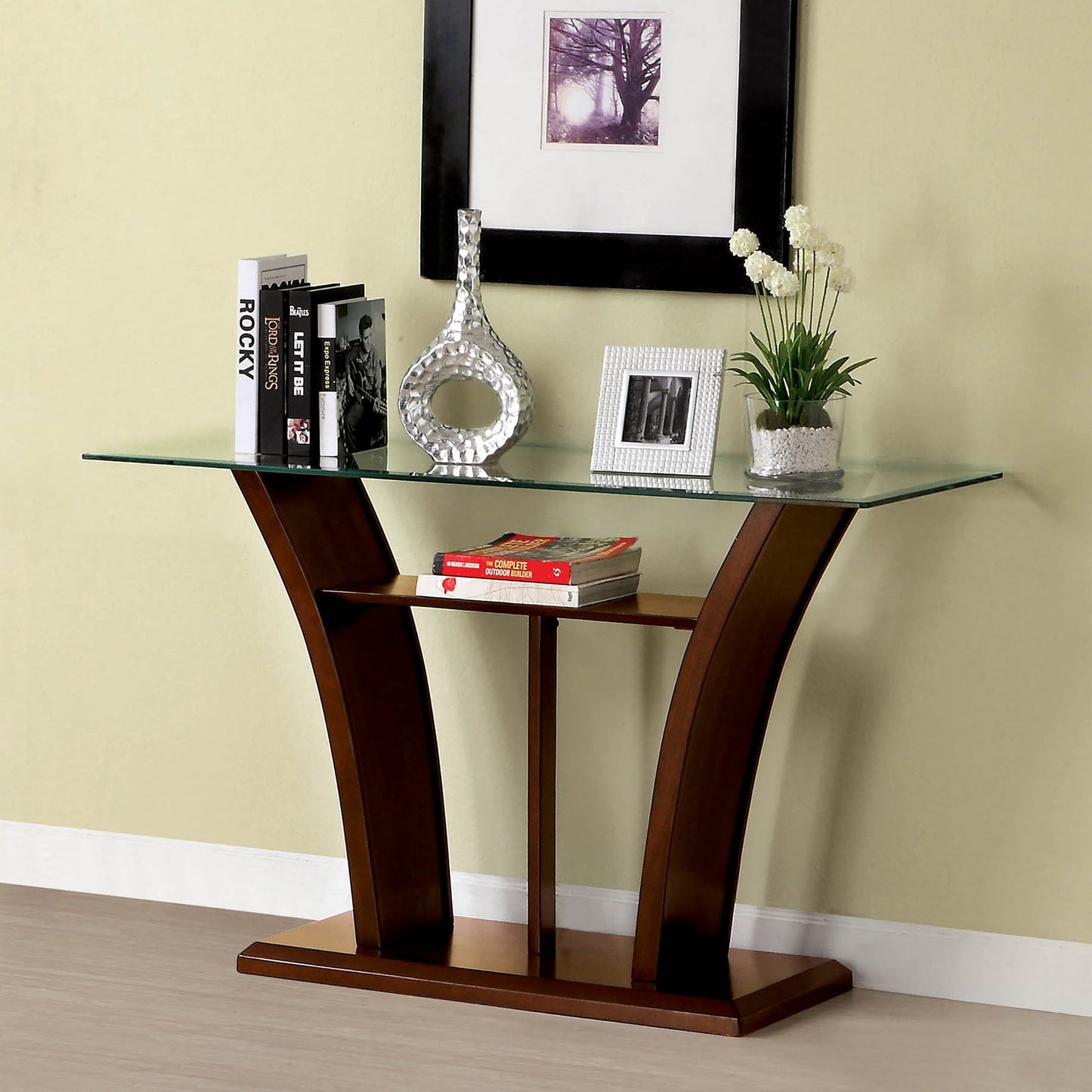 Furniture of America Panna Glass Top Console Table, Brown Cherry