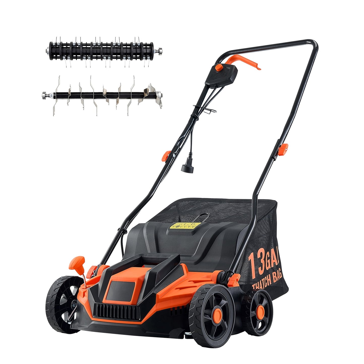 KFFKFF 2-in-1 Electric Dethatcher and Scarifier, 13-Inch 13 Amp, Corded Lawn Tool with 13-Gallon Collection Bag, 5-Position Depth Control, Walk-Behind Equipment for Garden and Lawn Care