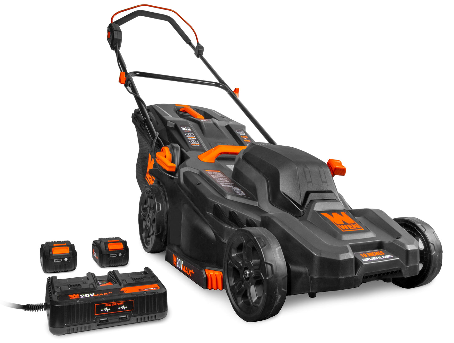 WEN 20V Max 2-in-1 19-Inch Cordless Brushless Lawn Mower and Mulcher with Two 5Ah Batteries and Dual Port Charger