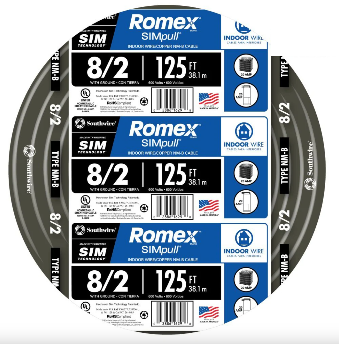 Southwire 125-ft 8/2 Romex SIMpull Stranded Indoor CU NM-B W/G Individual Pack (By-the-roll) 28893602
