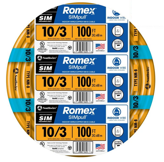 Southwire 100-ft 10/3 Romex SIMpull Solid Indoor CU NM-B W/G Individual Pack (By-the-roll) 63948426