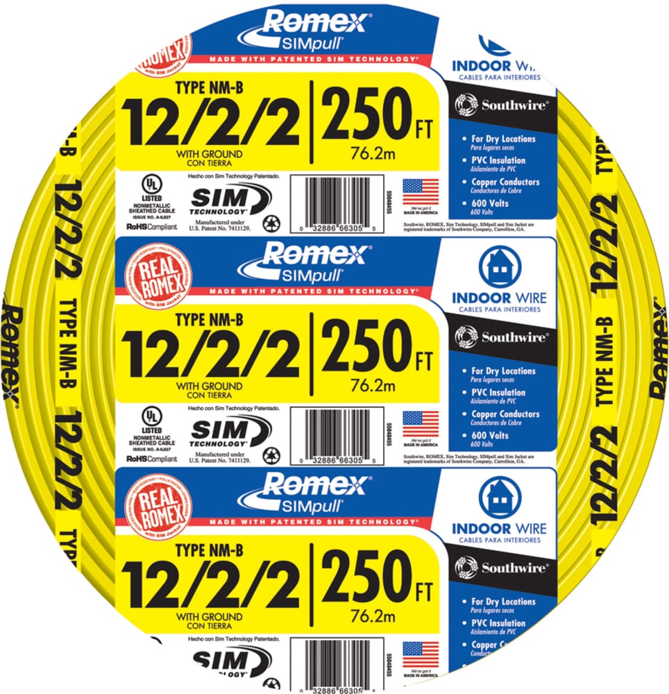 Southwire 250-ft 12/2/2 Romex SIMpull Solid Indoor CU NM-B W/G Individual Pack (By-the-roll) 55048455