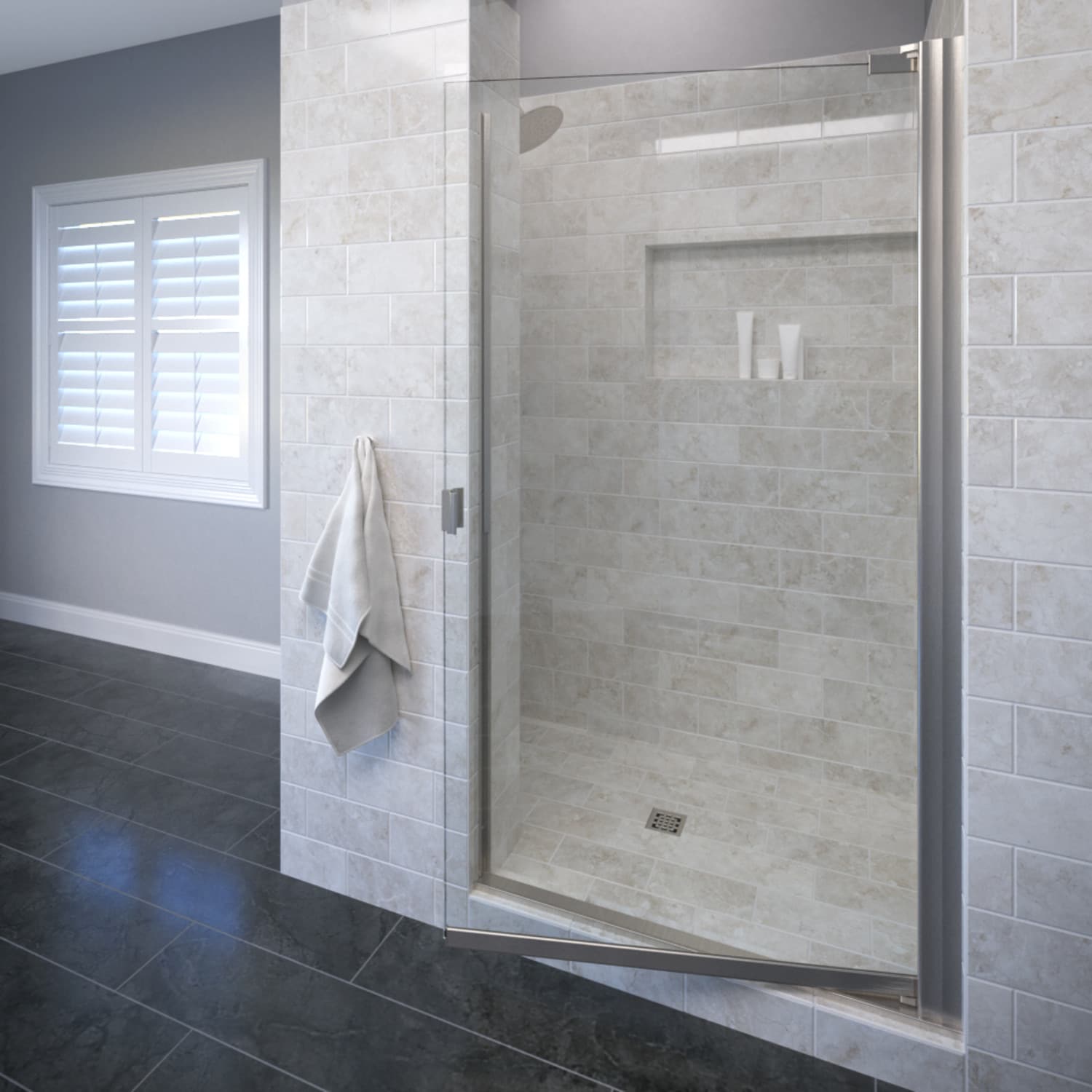 Basco Armon Brushed Nickel 26-5/8-in to 28-1/8-in W x 66.0-in H Semi-frameless Clear Glass Pivot Shower door