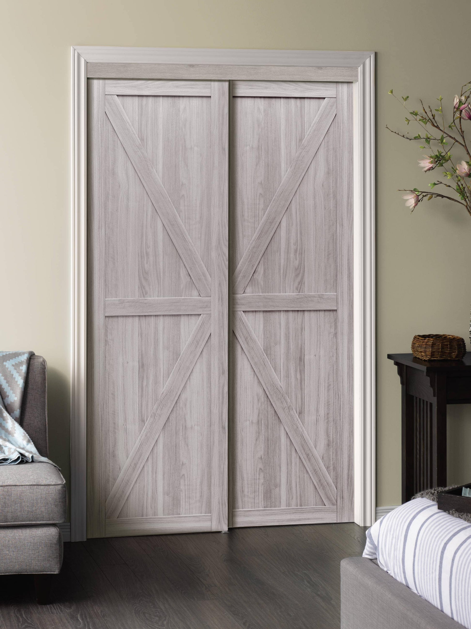 RELIABILT Euro 60-in x 80-in Silver Oak K-frame Prefinished MDF Closet Sliding Door ( Hardware Included )