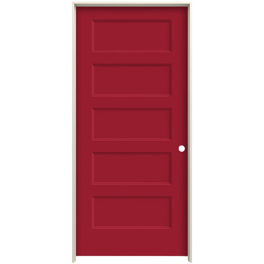 JELD-WEN 36-in x 80-in Cranberry Solid core 5-panel equal Left hand Smooth Prefinished Molded composite Flat Jamb Single Prehung Interior Door