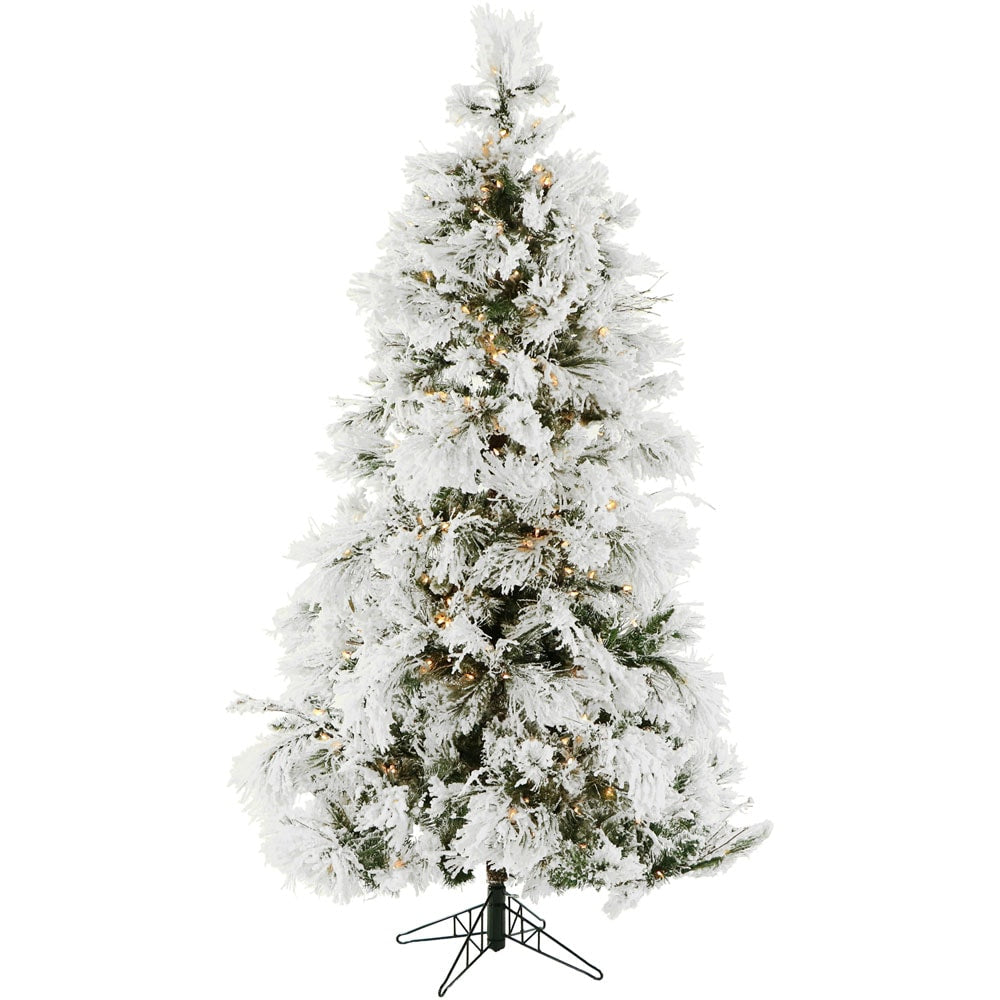 Fraser Hill Farm 9-ft Snowy pine Pre-lit Flocked White Artificial Christmas Tree with Clear Incandescent Lights