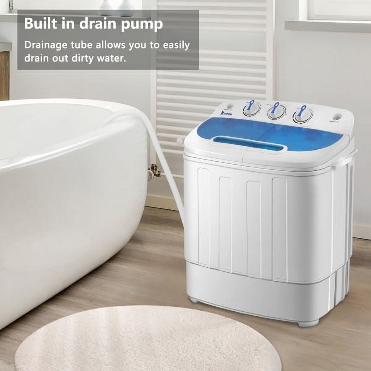AsterOutdoor 15Lbs Compact Twin Tub Washer with Built-In Drain Pump, 9Lbs Wash 6Lbs Spin Capacity Semi-Automatic Portable Machine (White/Blue)