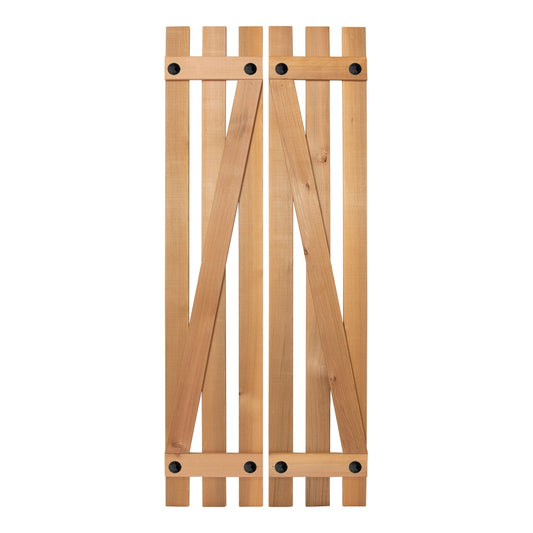 Design Craft Millworks 12-in W x 38-in H Natural western red cedar. Blonde, red and brown tones Paintable/Stainable Board and batten Z-bar Wood Exterior Shutters ( 2 -Pack )