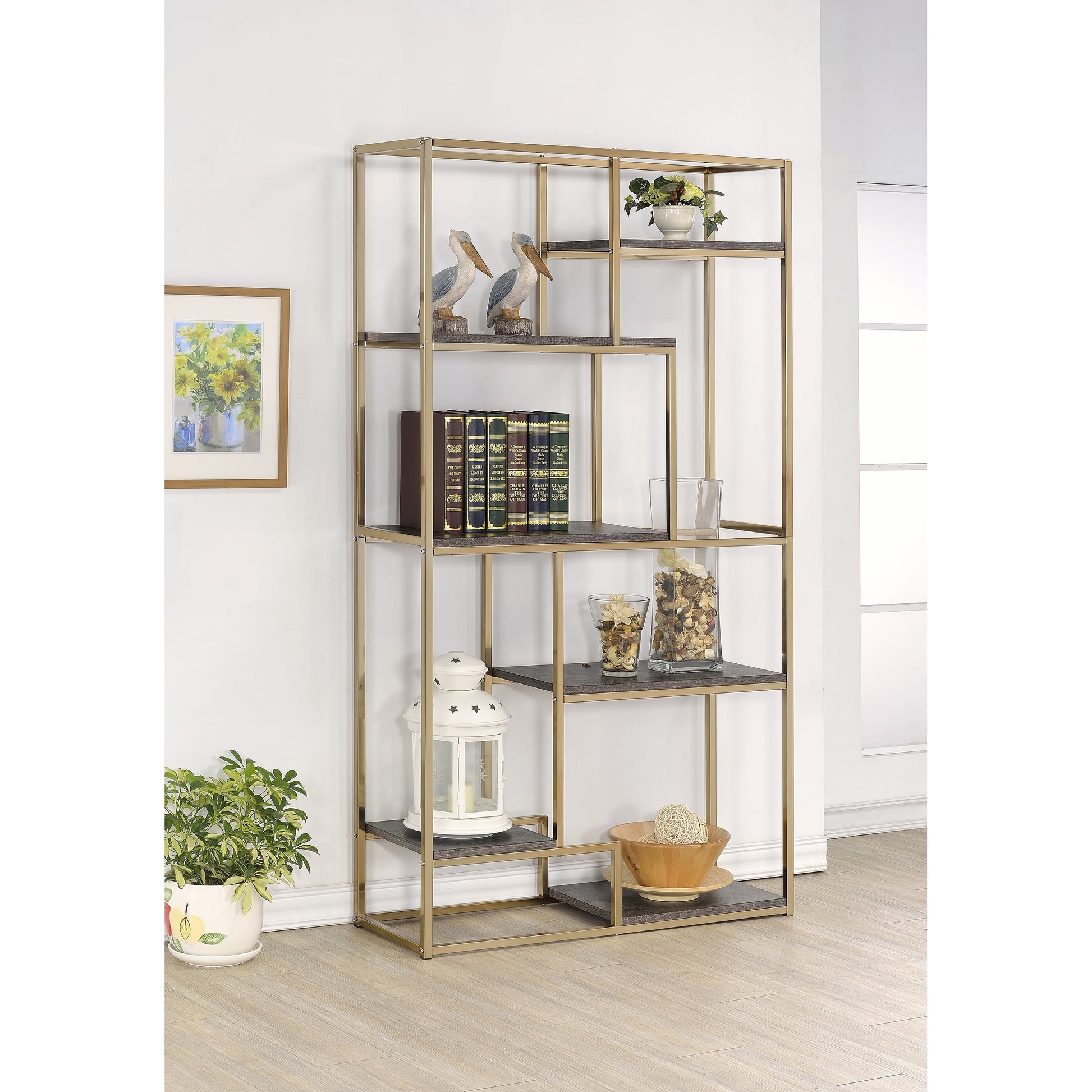 Furniture of America Nenzel Champagne Metal 6 -Shelf Bookcase ( 38-Inches W x 70-Inches H x 13.25-Inches D ) Finished