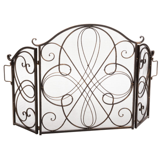 Home Decor Kingsport Fireplace Screen - Gold Flower on Black - Iron - Scroll Design - Spark Guard Included 295445